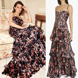 AMUR Londyn Pleated Tiered Maxi Dress Black Floral Size 8 Women's Preowned